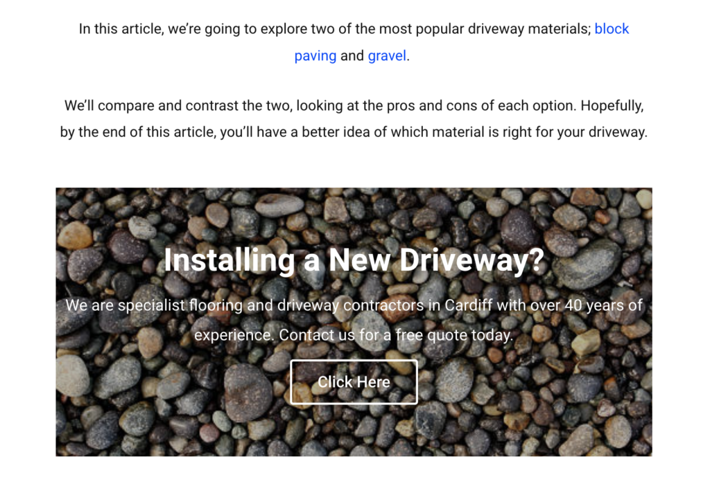 Image of a Call to action being added into a blog article